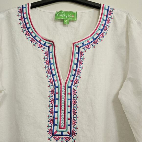 Pappagallo Women M White Linen Blend Tunic Top Blouse Pink Blue Embroidered - Picture 2 of 10